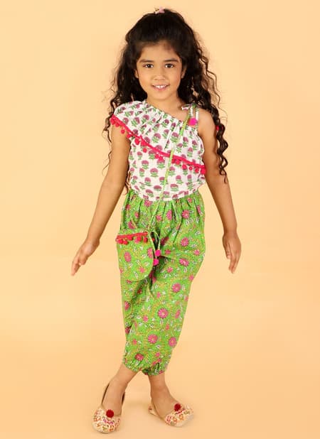 Parrot Green Colour KID1 Sassy Girls Frill top with pants and bag Kids Wear Collection K22PG186WHGR